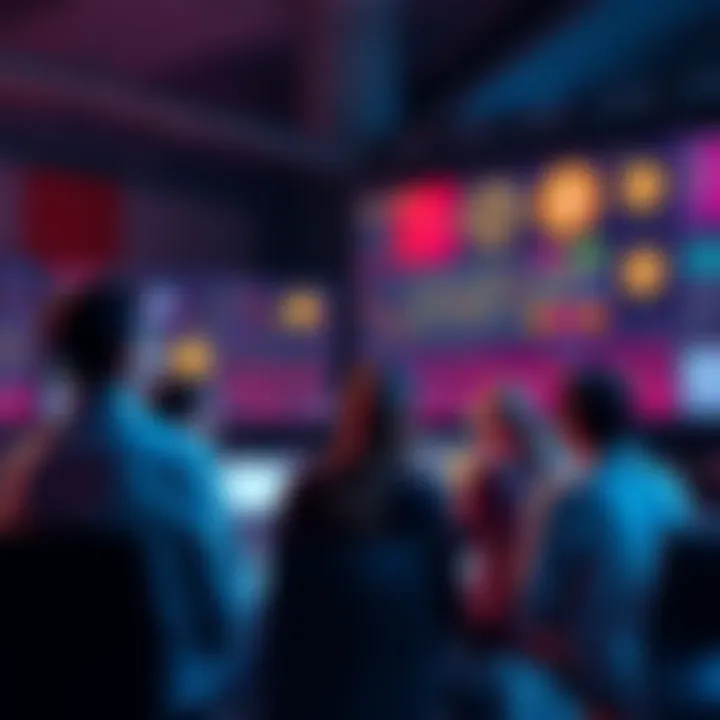 A group of people engaged in a lively discussion about cryptocurrency, with graphs and coins displayed on screens around them, showcasing the dynamics of trading.