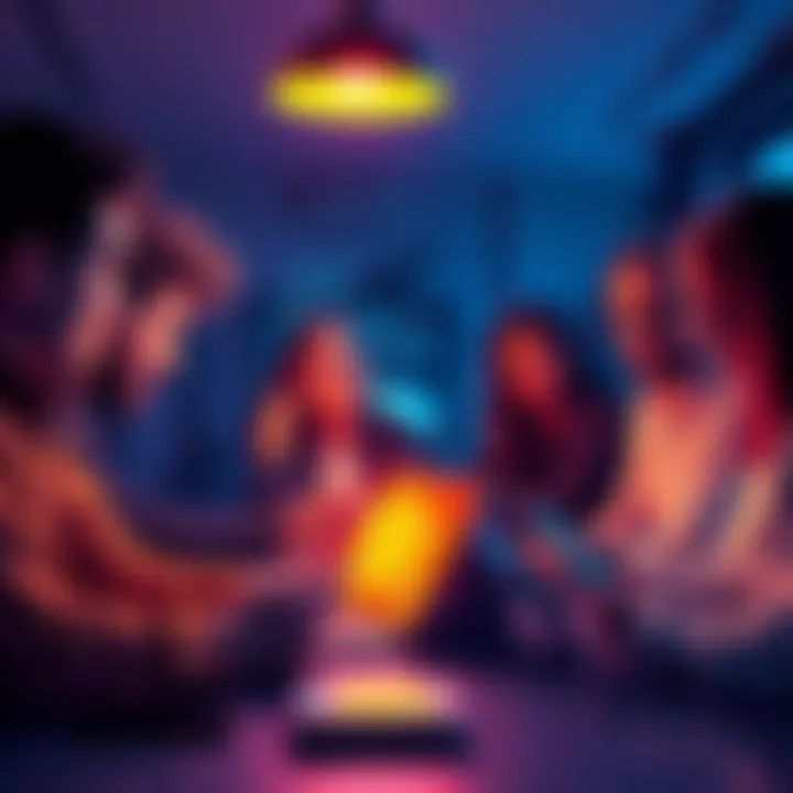 A group of people engaging in a discussion about cryptocurrency with laptops and smartphones, highlighting online communication.