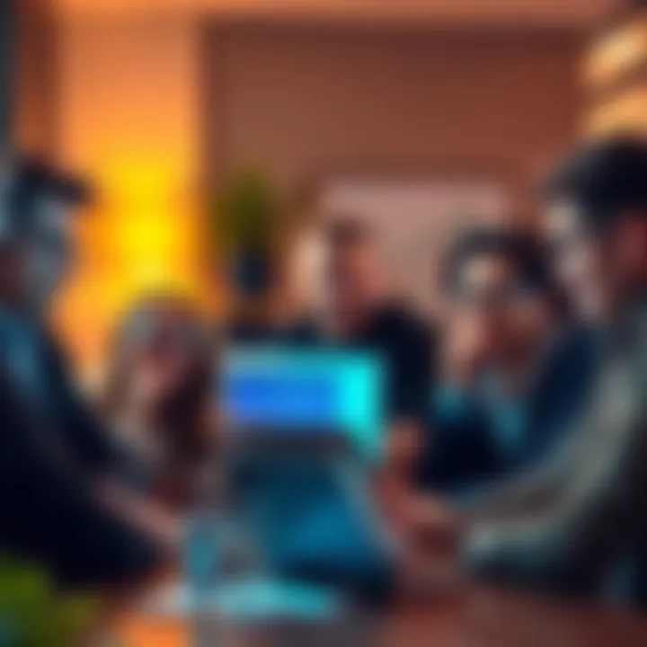 A group of diverse young adults engaged in a lively discussion about cryptocurrency, with laptops and charts present.