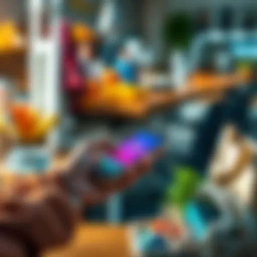 A person making a payment using a smartphone with a cryptocurrency wallet app, surrounded by everyday items like coffee and groceries