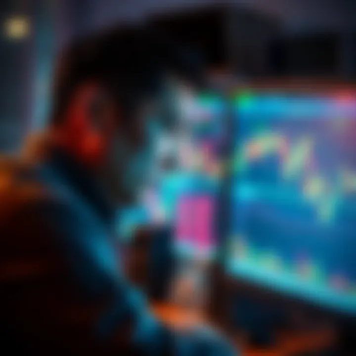 Crypto President Missing A person looking at a computer screen displaying fluctuating cryptocurrency graphs, symbolizing the absence of leadership in the market.