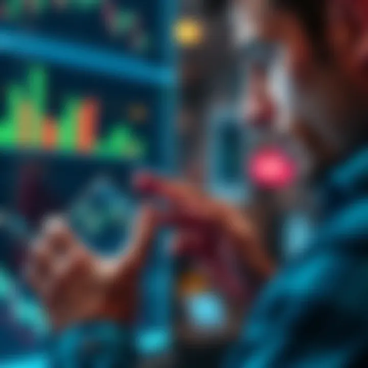 Person holding a smartphone with cryptocurrency charts A person looks concerned while viewing cryptocurrency price charts on a smartphone, showing declines in altcoin values.