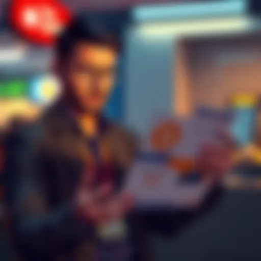 A worried employee examines a flyer about earning money through a banking app related to cryptocurrency, looking skeptical.