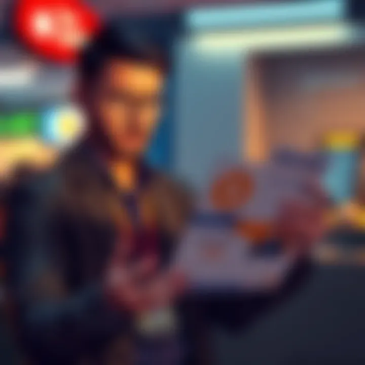 Crypto Banking App Offer A worried employee examines a flyer about earning money through a banking app related to cryptocurrency, looking skeptical.
