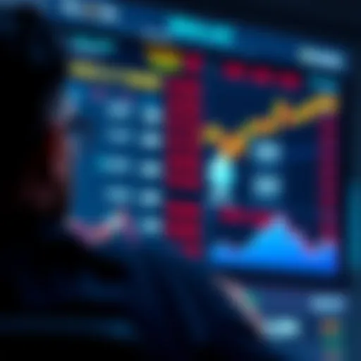 A person looking at cryptocurrency prices on a screen with icons of Bitcoin, Ethereum, and XRP visible.