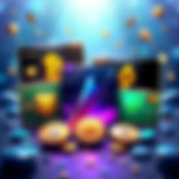 Illustration of various crypto cards with cashback and staking icons