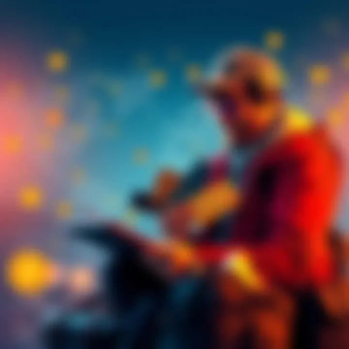 A traveler reviewing various crypto cards while planning a trip, with a world map and currency symbols around them.