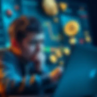 Crypto Challenges A stressed person looking at cryptocurrency charts on a laptop with a worried expression, surrounded by coins and icons representing exchanges.