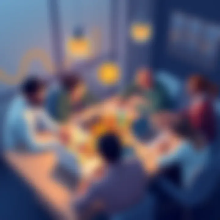 Crypto coin launch concept A digital illustration showing a group of diverse people brainstorming around a table with graphs, crypto coins, and laptops, symbolizing collaboration and strategy in launching a sustainable cryptocurrency project.