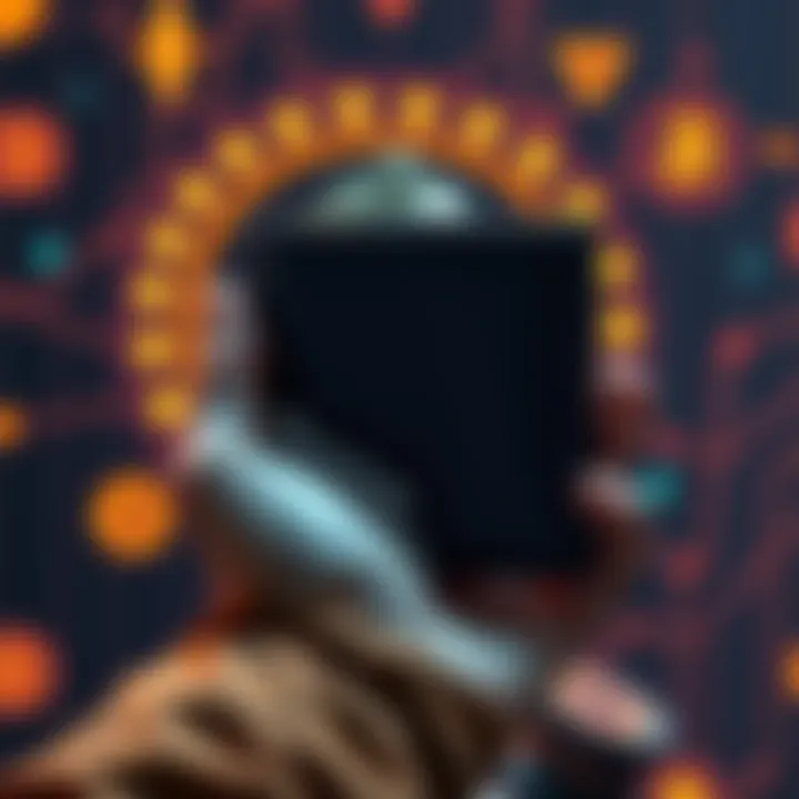 A person holding a cold wallet device with cryptocurrency symbols in the background, representing secure storage for digital assets.