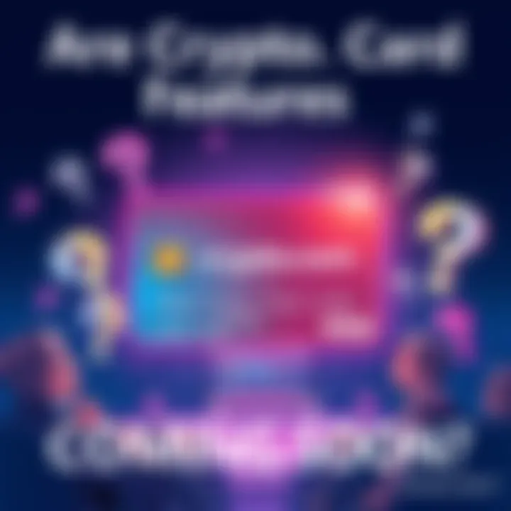 Crypto.com Card Features Announcement A digital illustration showing a Crypto.com card with new features highlighted, surrounded by question marks to show people's skepticism about the timeline for release.