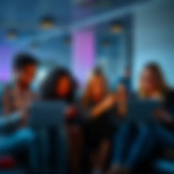A group of diverse people discussing cryptocurrency with laptops and mobile devices, showing collaborative engagement.
