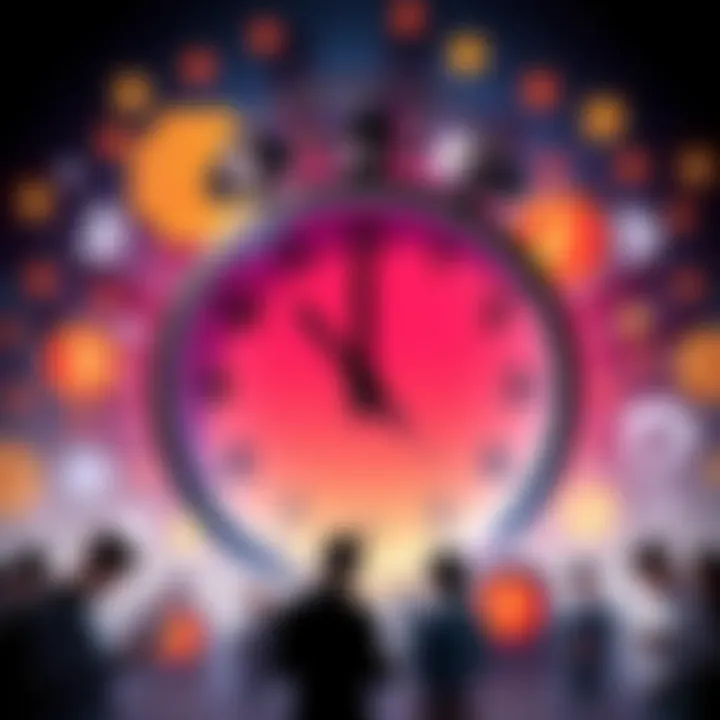 A clock ticking down to a deadline with a backdrop of cryptocurrency symbols and worried people looking at their devices.
