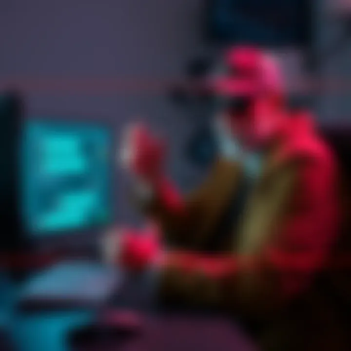 A person sitting at a computer showing off luxury items, with Telegram chat messages displayed on the screen about their wealth.