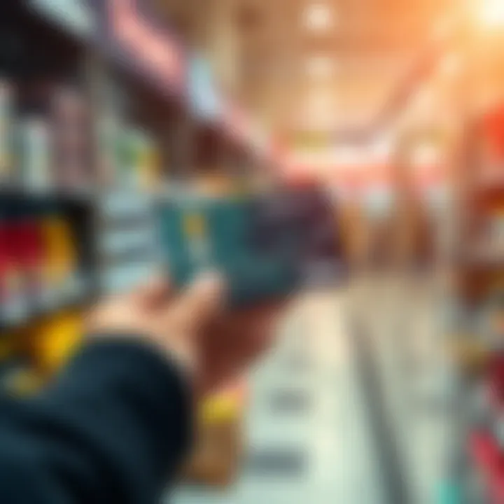 A person holding a crypto debit card with a digital design, ready to make a purchase at a store.