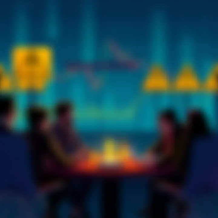 A group of people discussing cryptocurrency with charts and warning signs in the background