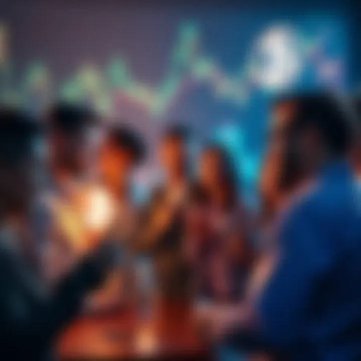A diverse group of people engaged in a lively conversation about cryptocurrency trends and beliefs, with charts and Bitcoin symbols visible.
