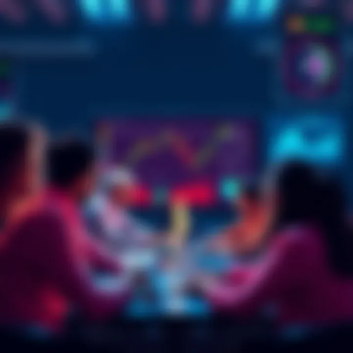 People engaging in a lively online cryptocurrency discussion with charts and coins visible.