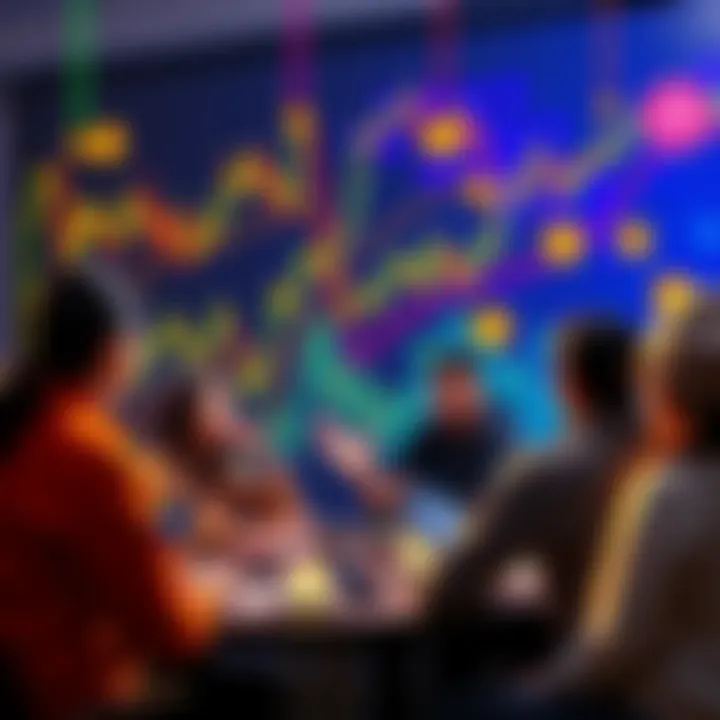 A group of people discussing cryptocurrency with charts and digital coins in the background, emphasizing caution and sharing advice.