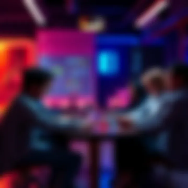 A group of people engaged in a discussion about cryptocurrency, sharing ideas and tips while sitting around a table with laptops and phones.