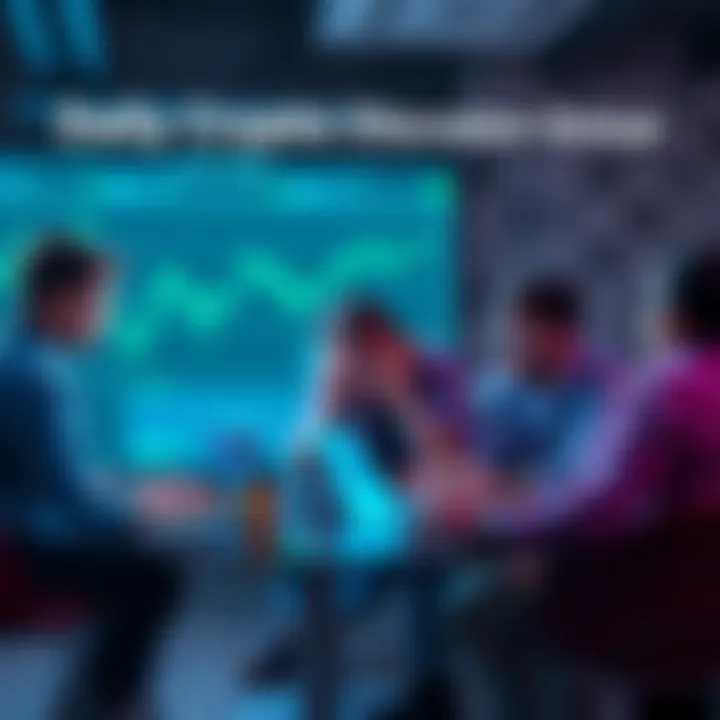 A group of people discussing cryptocurrency with charts and laptops in a casual setting