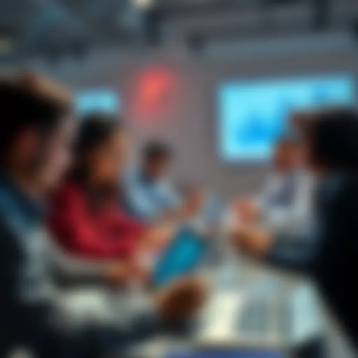 A diverse group of people discussing cryptocurrency with laptops and charts