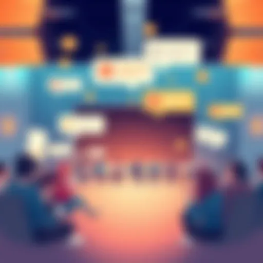 A digital illustration of a cryptocurrency forum with chat bubbles and relevant crypto symbols, encouraging discussion and caution in trading.