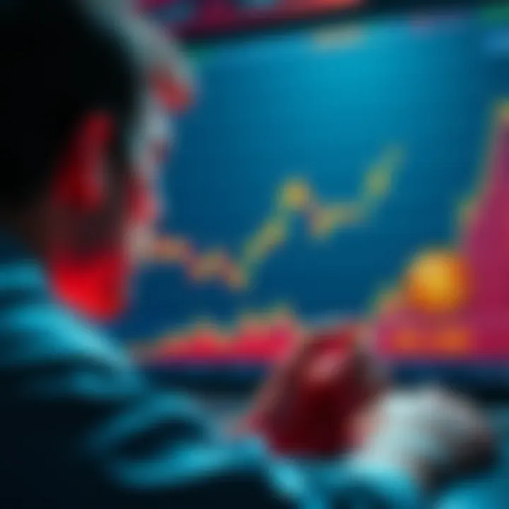 A person looking at a chart of rising and falling cryptocurrency values, pondering investment decisions.