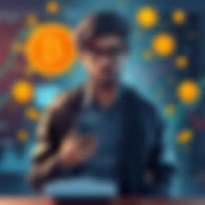 A person transforming from a casual gambler to a confident crypto expert, surrounded by cryptocurrency symbols and charts.