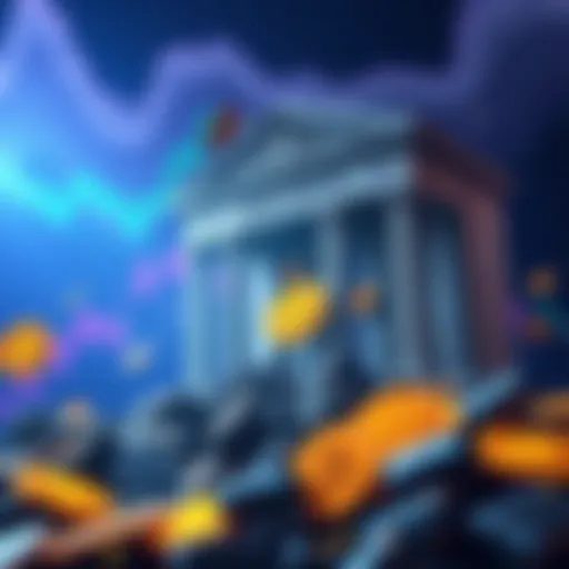 Graphic showing cryptocurrency symbols with a broken bank in the background, illustrating the potential of crypto during a banking crisis