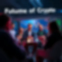 Future of Crypto Discussion A group of people engaging in a discussion about cryptocurrency prices and market trends, with charts and graphs in the background.