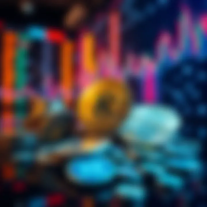 A visual representation of cryptocurrency tokens, showcasing the shift from XRP to KAS, with a backdrop of a digital market environment.