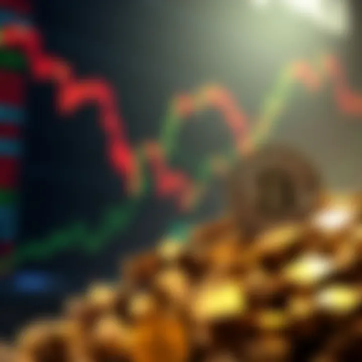 A visual representation of falling cryptocurrency and gold prices with stock market graphs in the background, illustrating the contrast with rising stock values amidst war tensions.