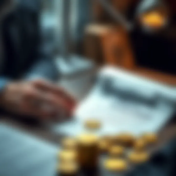 A person reviewing inheritance documents with cryptocurrency coins on the table