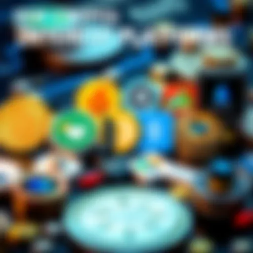 A collage of logos from popular crypto platforms offering high interest rates on Bitcoin and other cryptocurrencies, with a background of coins and digital assets.