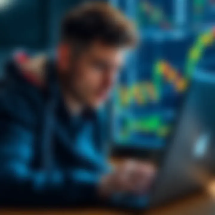 Crypto Investing Concept A person looking at cryptocurrency charts on a laptop, with a worried expression, symbolizing the phrase 'scared money makes no money'.