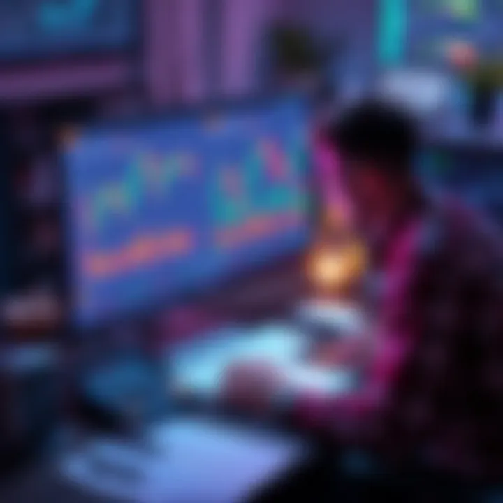 A beginner investor looking at cryptocurrency charts and graphs on a computer screen, with notes and a calculator nearby.