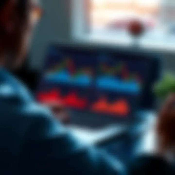 A person analyzing cryptocurrency trends on a laptop with charts and graphs displayed