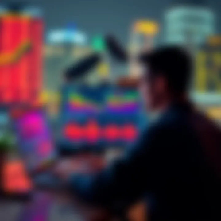 A newcomer looks at a laptop screen displaying cryptocurrency charts and graphs while contemplating investing money.