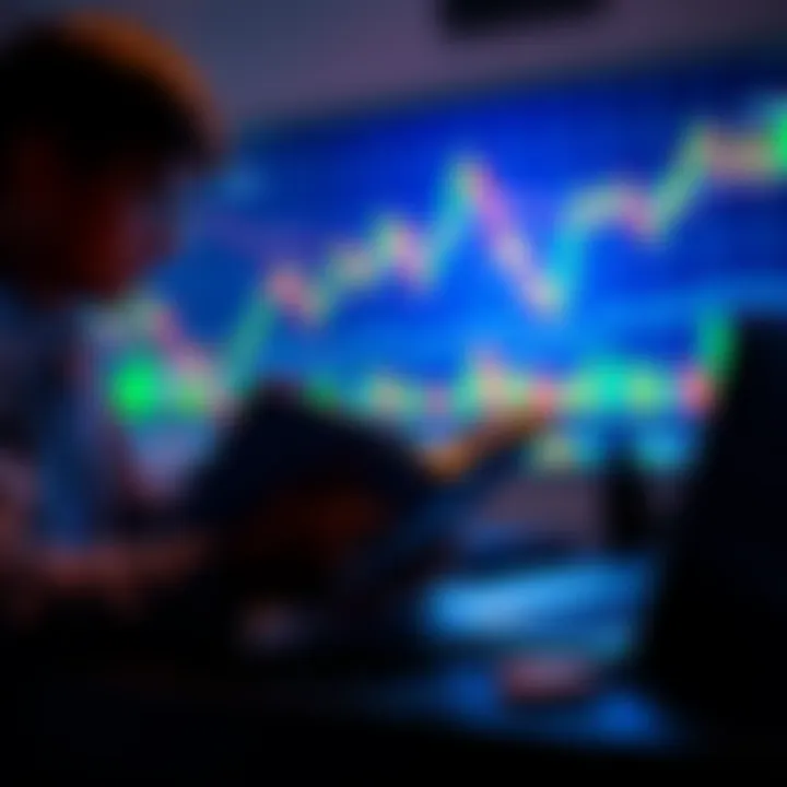 A beginner reading a guide on cryptocurrency investment with a laptop and charts in the background.