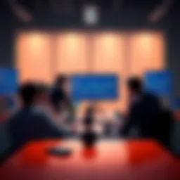 A group of people discussing their first cryptocurrency investment experiences around a table with charts and graphs on screens.