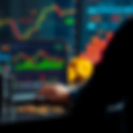 A person analyzing cryptocurrency charts on a laptop with graphs and coins around them.