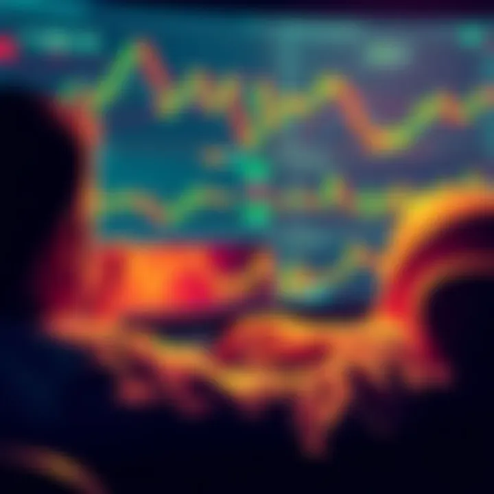 A person looking at cryptocurrency charts on a laptop, appearing frustrated with minimal gains, surrounded by charts and graphs, symbolizing market fluctuations.