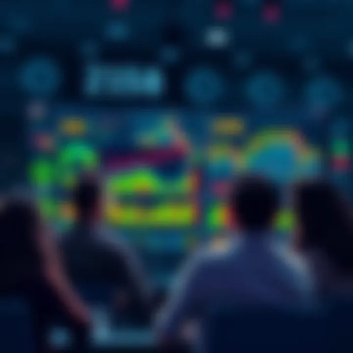 A group of people discussing cryptocurrency trends with charts and graphs on a screen in the background