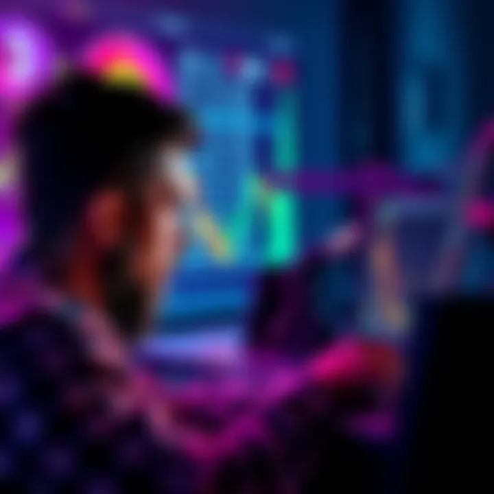 A worried man stares at his computer screen showing a plummeting crypto portfolio.