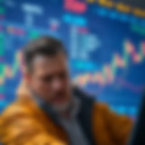 A crypto investor looks worried while selling XRP on a digital platform to cover tax liabilities, with a graph showing fluctuating prices in the background.