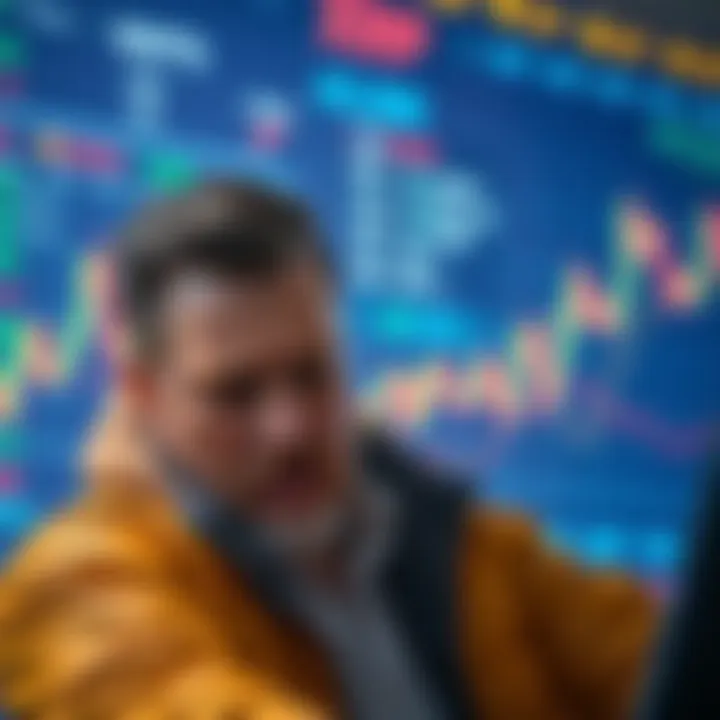 A crypto investor looks worried while selling XRP on a digital platform to cover tax liabilities, with a graph showing fluctuating prices in the background.