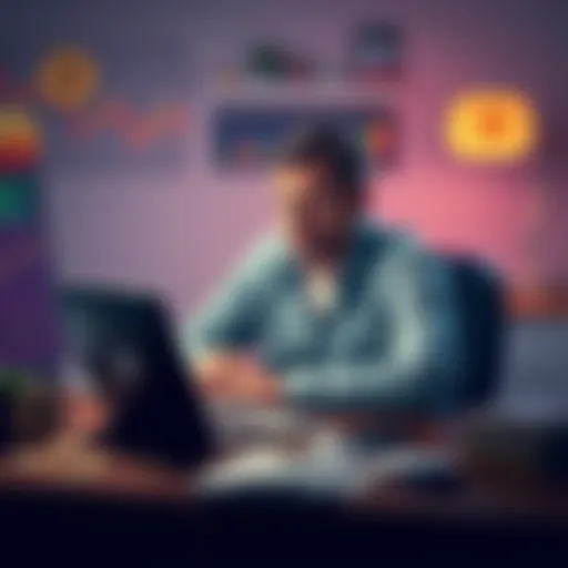 A concerned crypto investor sitting at a desk with a laptop, surrounded by cryptocurrency charts and bills, showing signs of regret over missed opportunities.