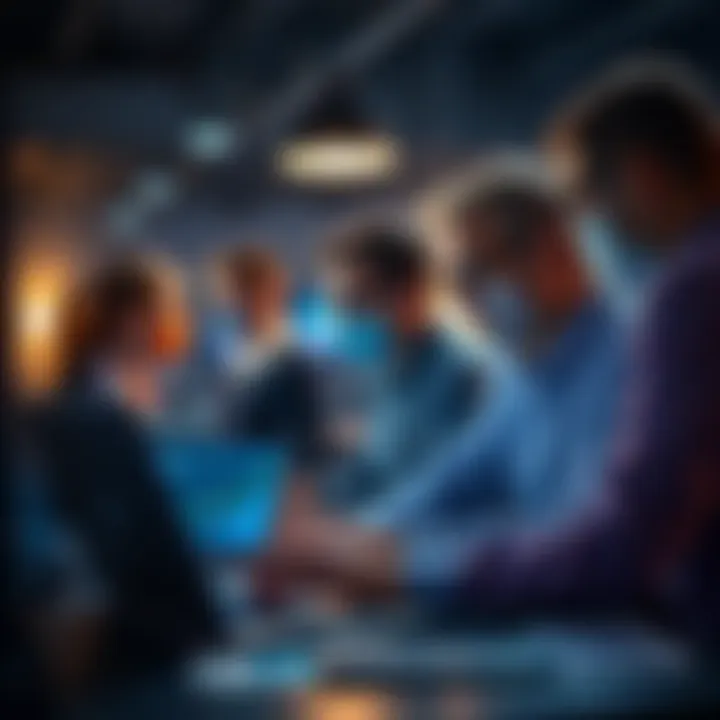 Crypto Investors Analyzing Data A group of crypto investors reviewing charts and data on laptops, discussing investment strategies in a modern workspace.