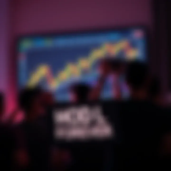 A group of crypto investors holding signs that say 'HODL Forever' while looking at a fluctuating cryptocurrency graph on a screen.